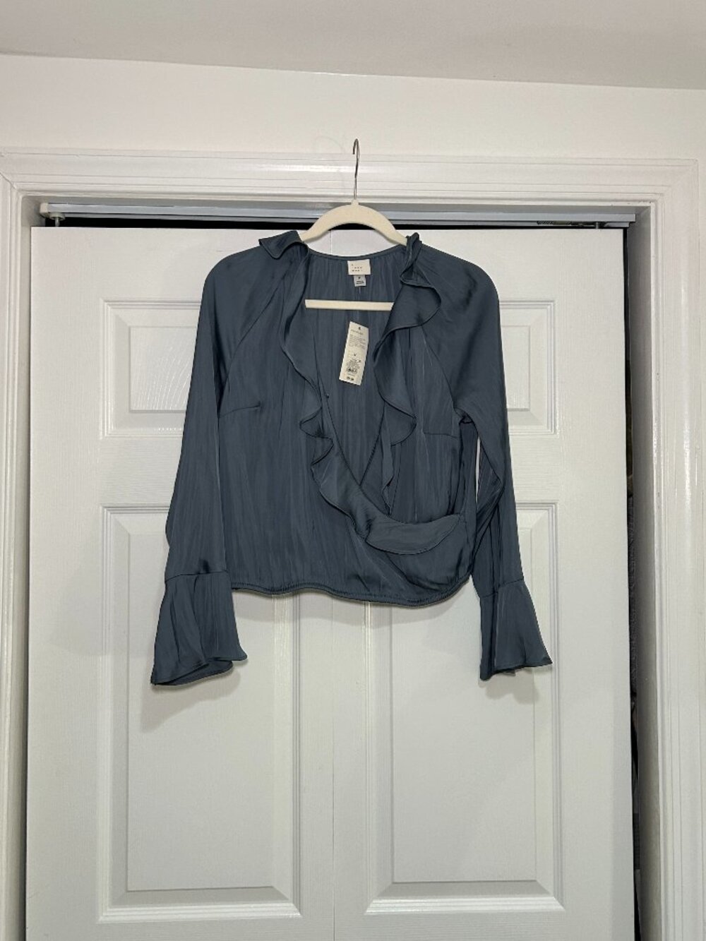 Women's Flounce Long Sleeve V Neck Ruffle Wrap Blouse - A New Day™ Teal M: Recyc